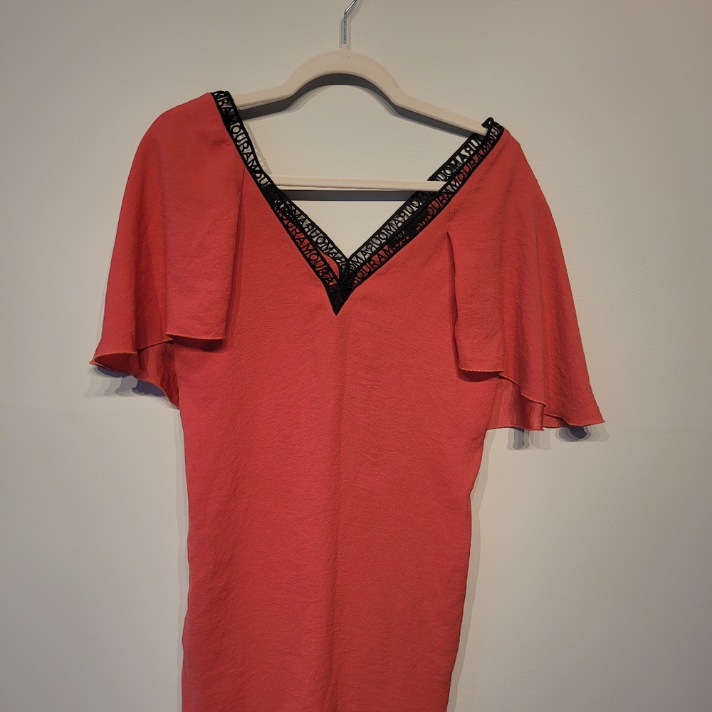Maje Red Asymmetrical Sheath Dress with Flutter Sleeves